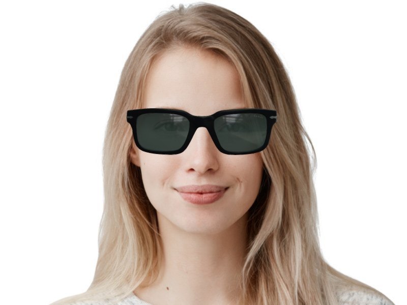 Persol PO3272S 95/31 53mm Rectangular Sunglasses – Black Acetate Frame / Green Glass Lenses